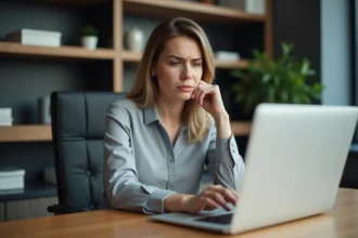 Femme frustrée devant un ordinateur en bureau moderne