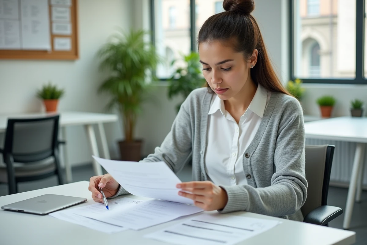 Femme en situation de handicap consultant sa fiche de salaire dans un bureau d'ESAT, représentant les aides financières complémentaires au revenu mensuel net