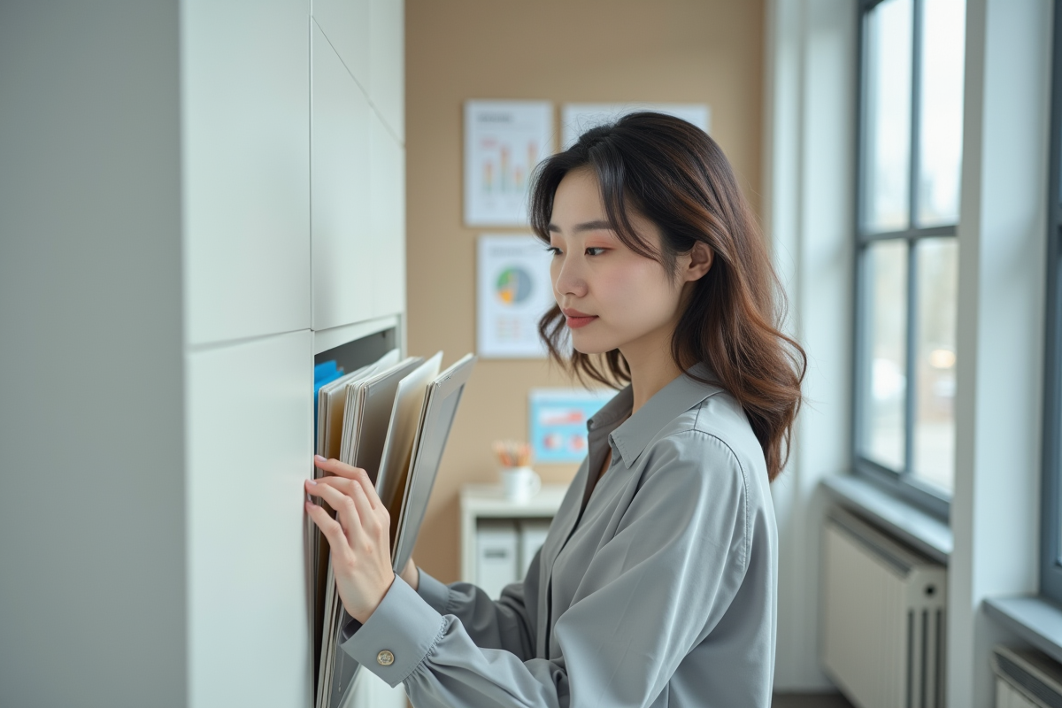 Jeune femme organise des dossiers dans un classeur moderne