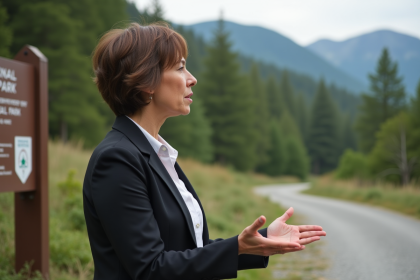Femme debout près d'un panneau de parc naturel parlant avec conviction