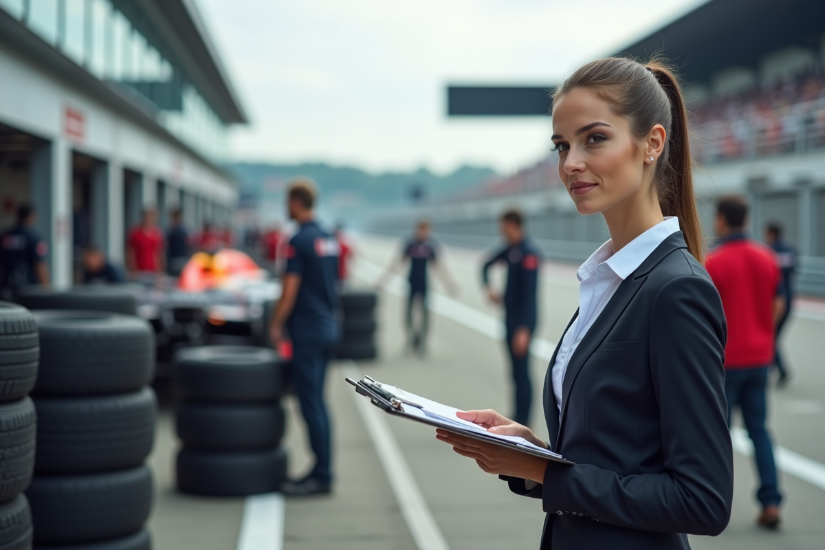 Jeune femme en costume observant un changement de pneus en course
