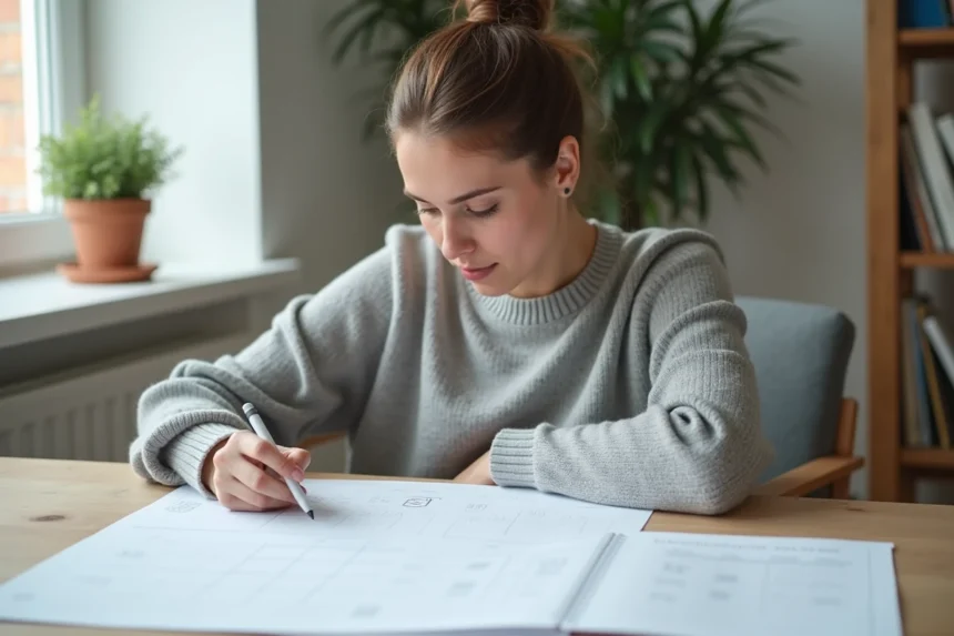 Femme consultant un calendrier mural pour planifier ses RTT et congés en 2026 dans un bureau à domicile