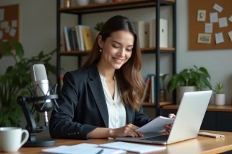 Jeune femme au bureau avec micro et calendrier