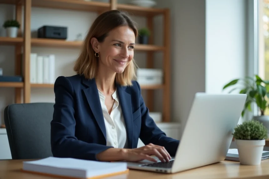 Femme utilisant le portail en ligne de La Poste sur un ordinateur portable dans un bureau à domicile moderne