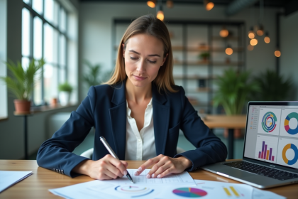 Femme professionnelle en réunion avec graphiques et KPIs