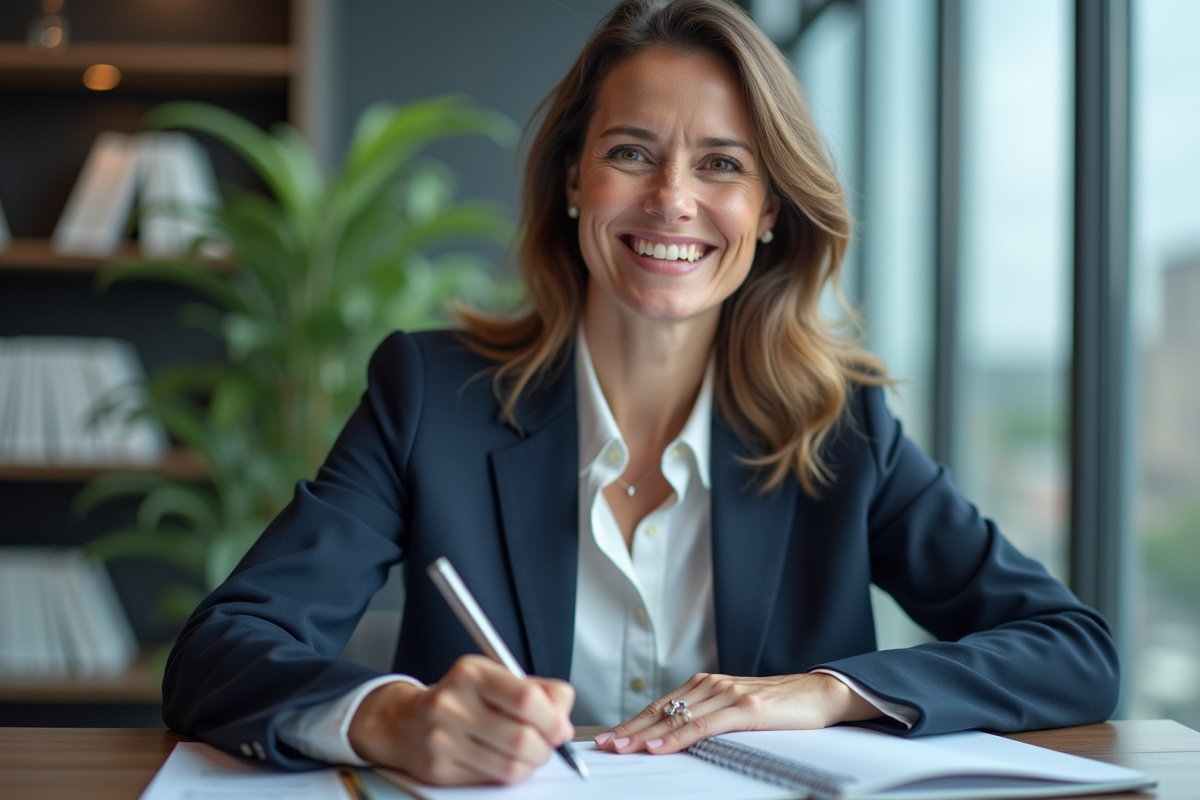 Femme professionnelle en bureau moderne avec cityscape