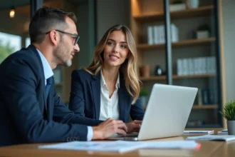 Femme d'affaires expliquant un modèle d'entreprise à un collègue