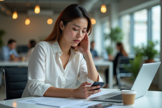 Jeune femme professionnelle travaillant sur son smartphone au bureau