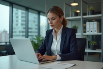 Femme d affaires en bureau moderne avec ordinateur portable