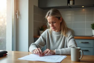 Femme inquiète examinant un relevé de compte bancaire à la recherche d'un débit inconnu intitulé Bozullhuizas Partners Ltd