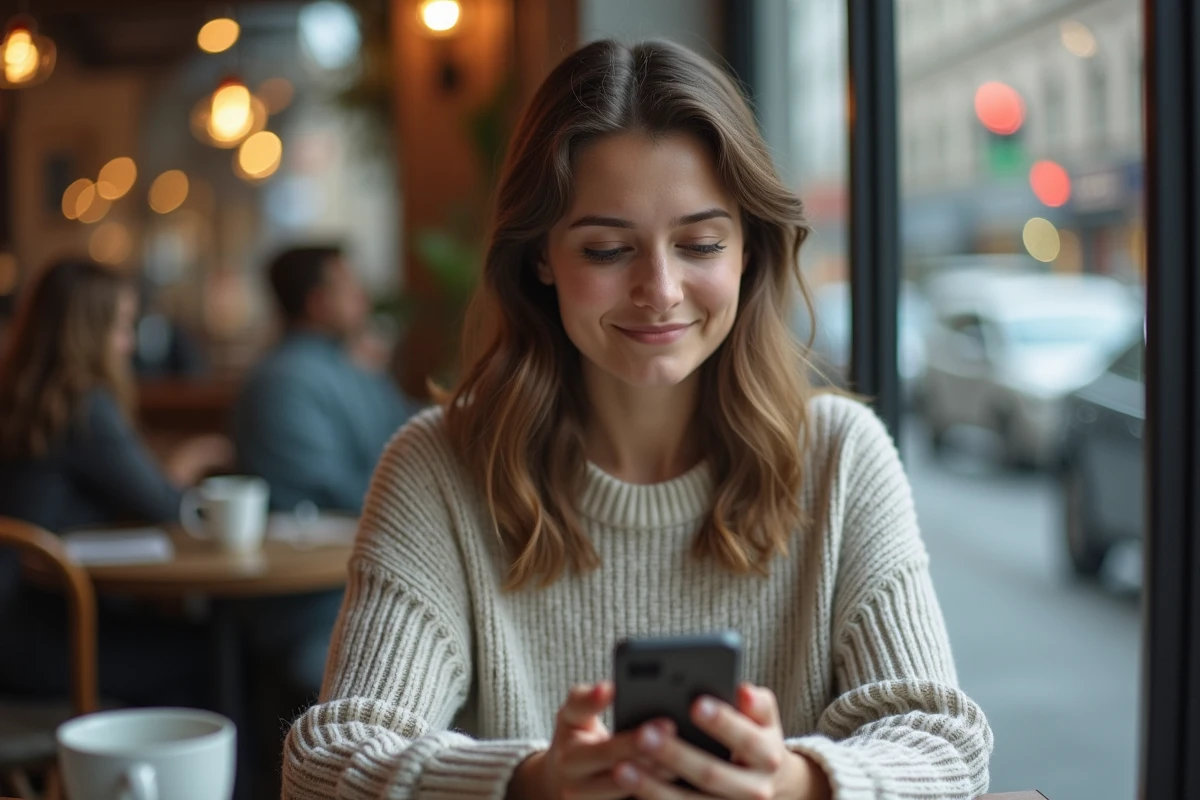 Jeune femme frowning en regardant son smartphone au café