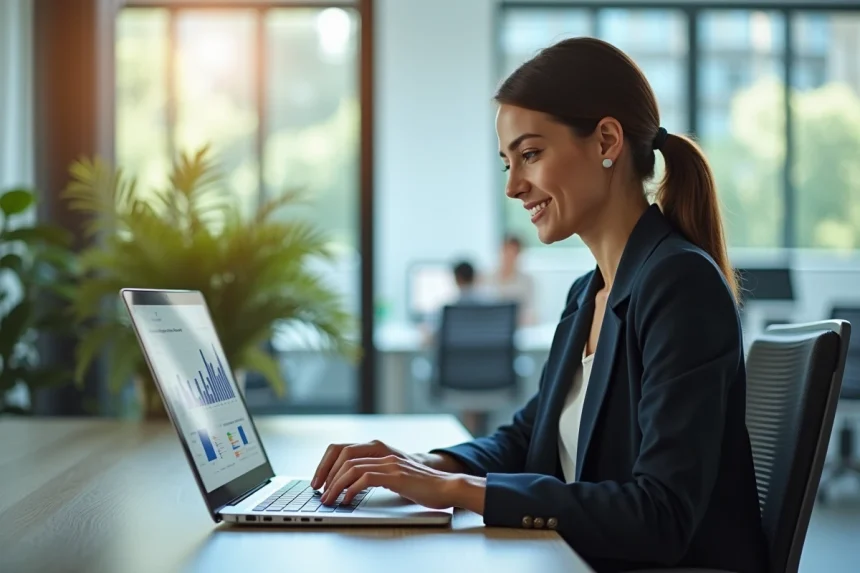 Jeune femme professionnelle analysant des graphiques SEO