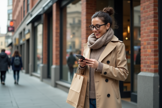 Femme souriante avec trench et sac devant boutique moderne