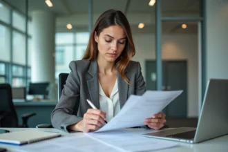 Femme d'affaires en train de revoir des documents au bureau