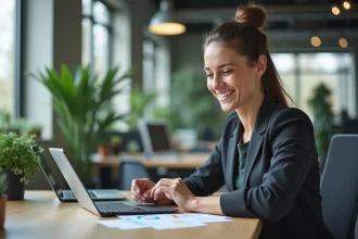 Femme en bureau moderne utilisant une tablette pour le travail