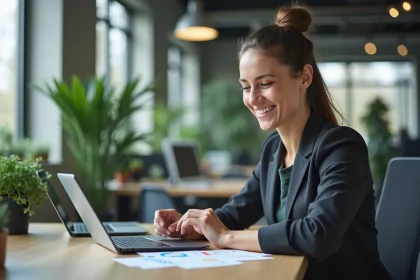 Femme en bureau moderne utilisant une tablette pour le travail