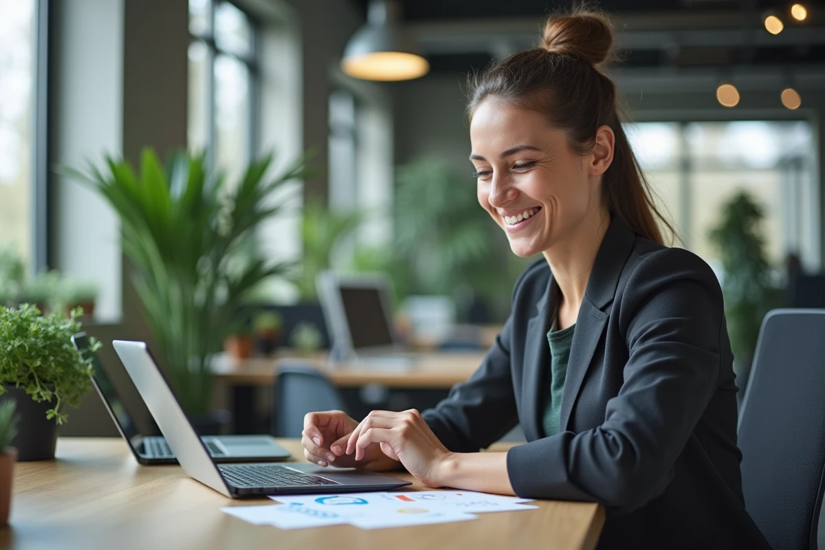 Femme en bureau moderne utilisant une tablette pour le travail