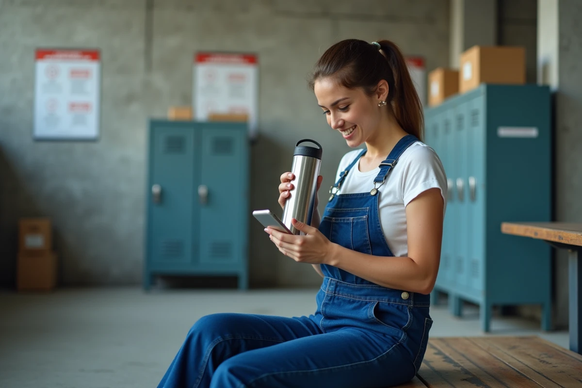 Jeune femme en overalls dans une zone de pause industrielle