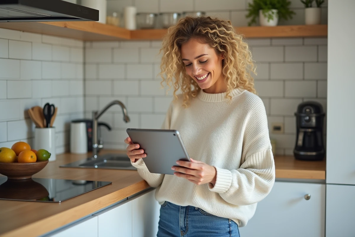 Femme souriante utilisant une tablette dans la cuisine