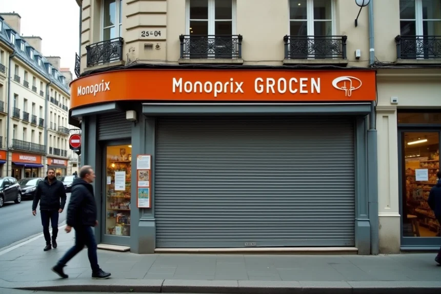 Façade d'un magasin Monoprix fermé avec rideaux métalliques baissés dans une rue française