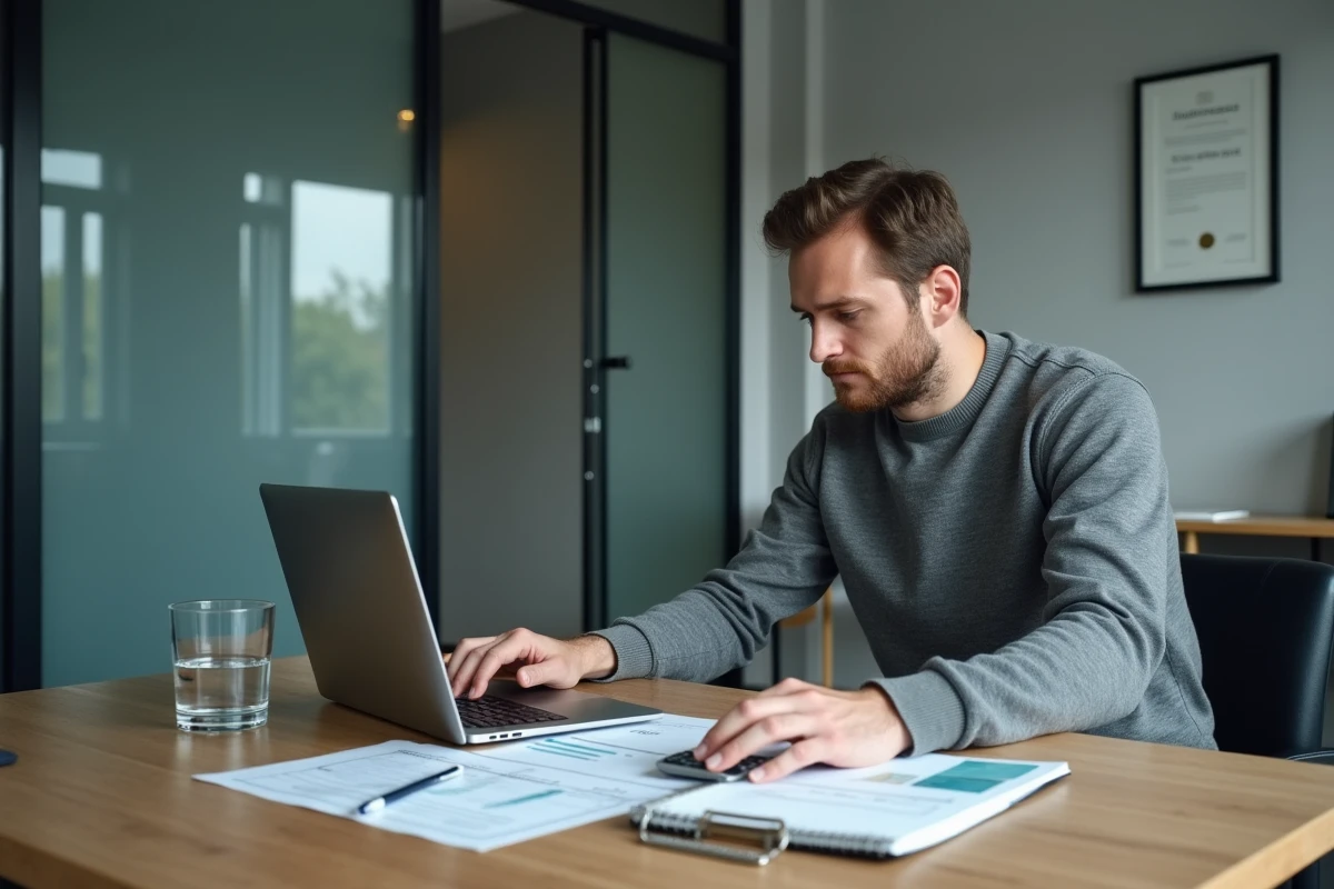 Un entrepreneur analyse un plan de financement et des documents comptables pour le développement de son projet d'entreprise