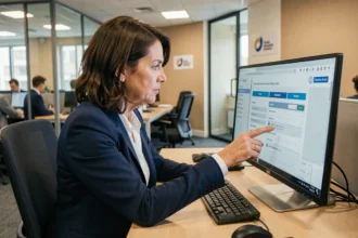 Fonctionnaire utilisant un portail métier numérique dans un bureau administratif moderne du secteur public