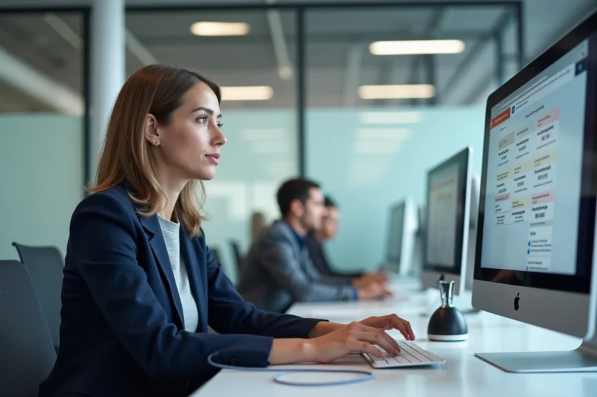 Femme professionnelle consultant les formations e-learning sur l'intranet d'entreprise depuis son poste de travail