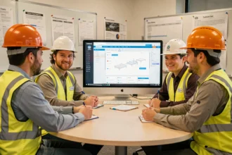 Équipe BTP en formation sur un outil numérique de gestion de chantier autour d'un écran d'ordinateur