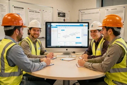 Équipe BTP en formation sur un outil numérique de gestion de chantier autour d'un écran d'ordinateur