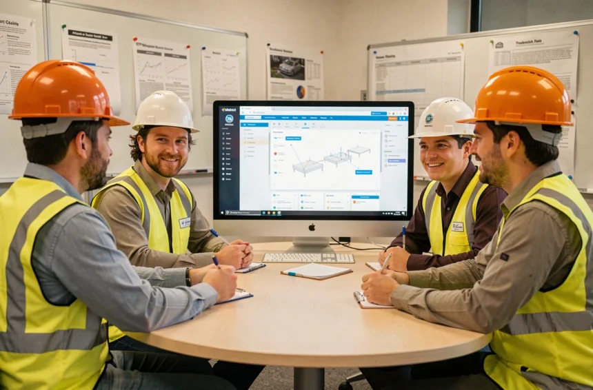 Équipe BTP en formation sur un outil numérique de gestion de chantier autour d'un écran d'ordinateur