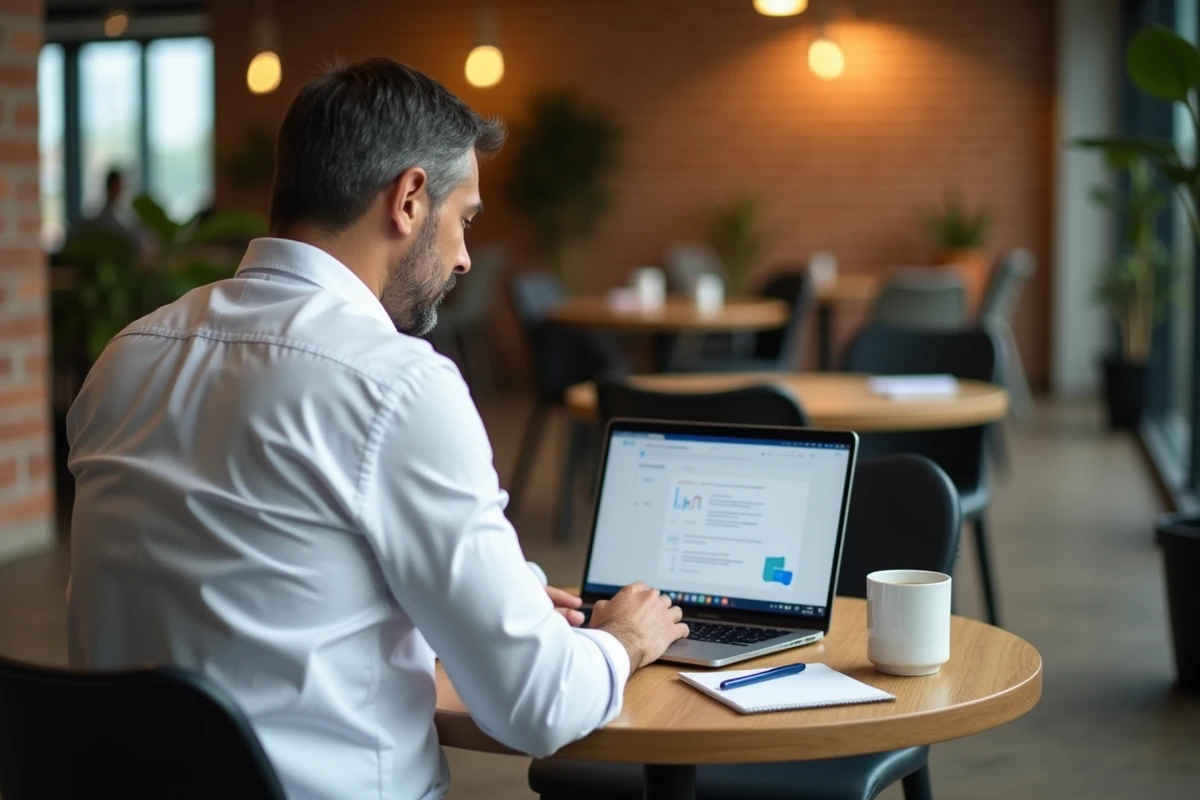 Employé masculin suivant une formation en ligne sur son ordinateur portable dans un espace détente de bureau Inetum