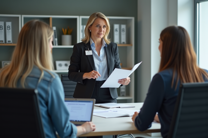 Femme en entreprise expliquant les procedures de securite