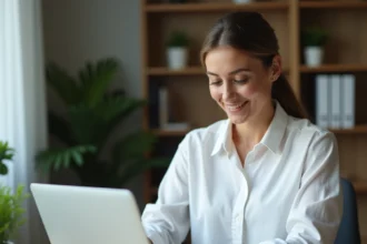 Freelance administrative travaillant sur sa prospection LinkedIn depuis son bureau à domicile
