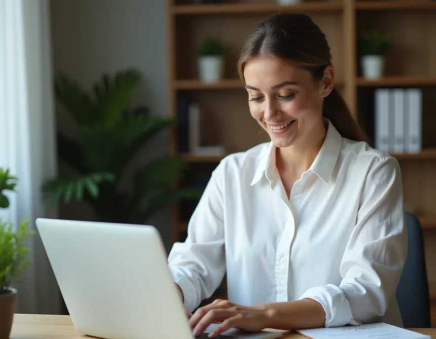 Freelance administrative travaillant sur sa prospection LinkedIn depuis son bureau à domicile