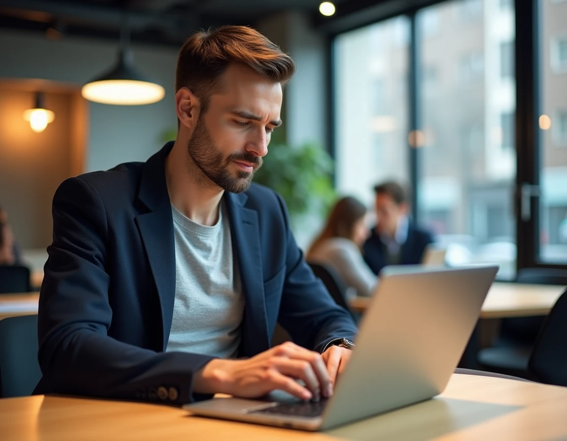 Professionnel freelance rédigeant un message de prospection LinkedIn dans un espace de coworking