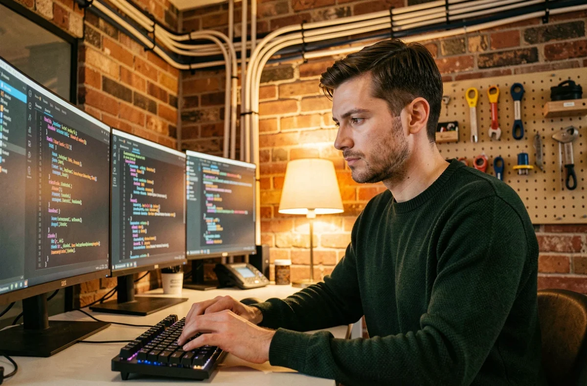 Développeur web sur mesure de l'agence Galadrim Paris écrivant du code complexe sur plusieurs écrans