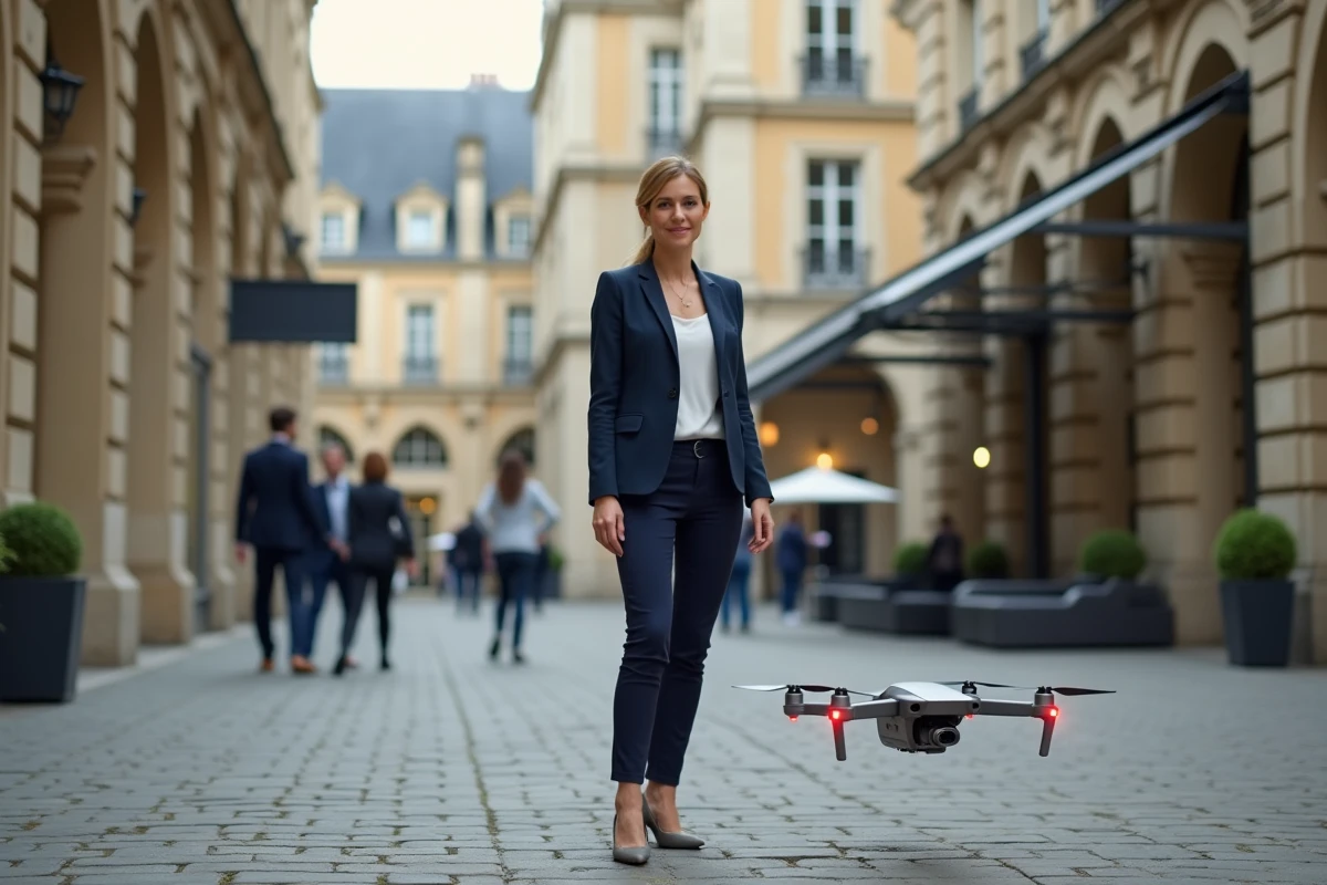 Femme gestionnaire avec drone dans un cour d