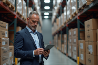 Manager logistique homme en costume bleu avec tablette dans un entrepôt