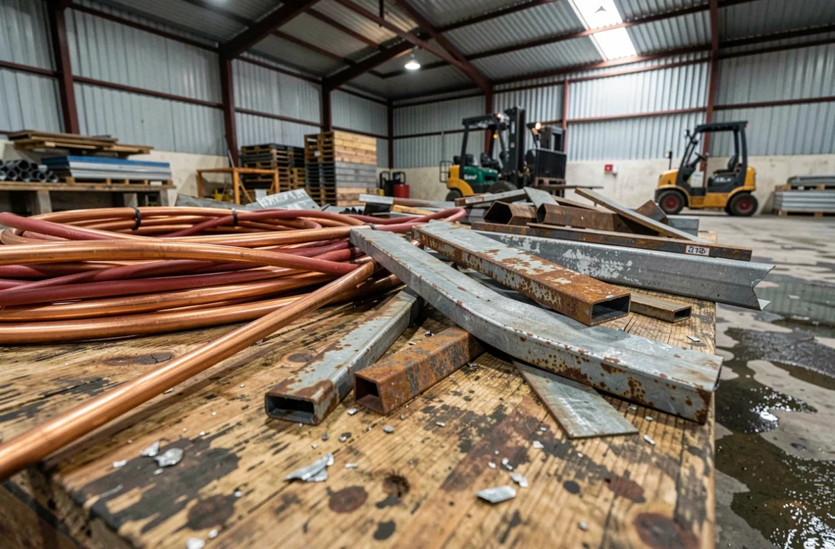 Gros plan sur des métaux ferreux et non ferreux triés incluant cuivre et acier dans un centre de recyclage industriel
