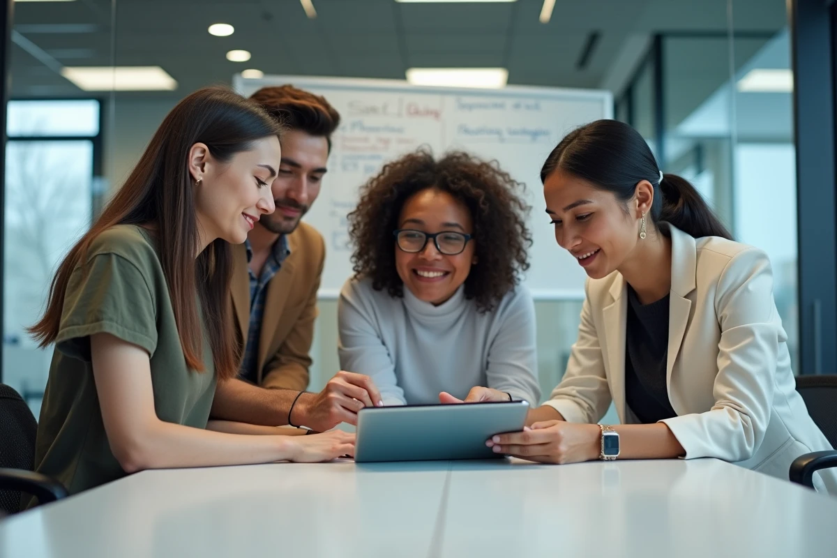 Groupe de collègues explorant ensemble le catalogue de formations internes sur l'intranet Inetum en salle de réunion