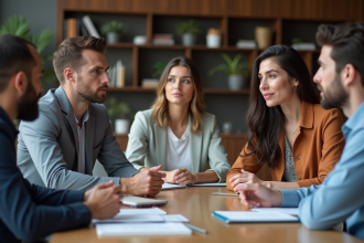 Groupe de professionnels en réunion dans un bureau moderne