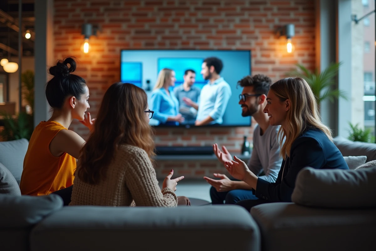 Groupe de jeunes professionnels regardant une pub à la TV