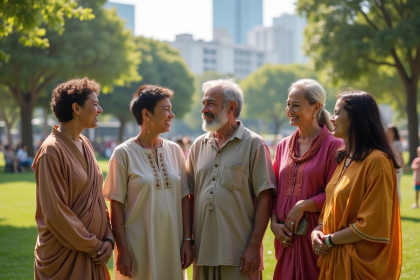 Groupe divers d'adultes en vêtements traditionnels dans un parc ensoleille
