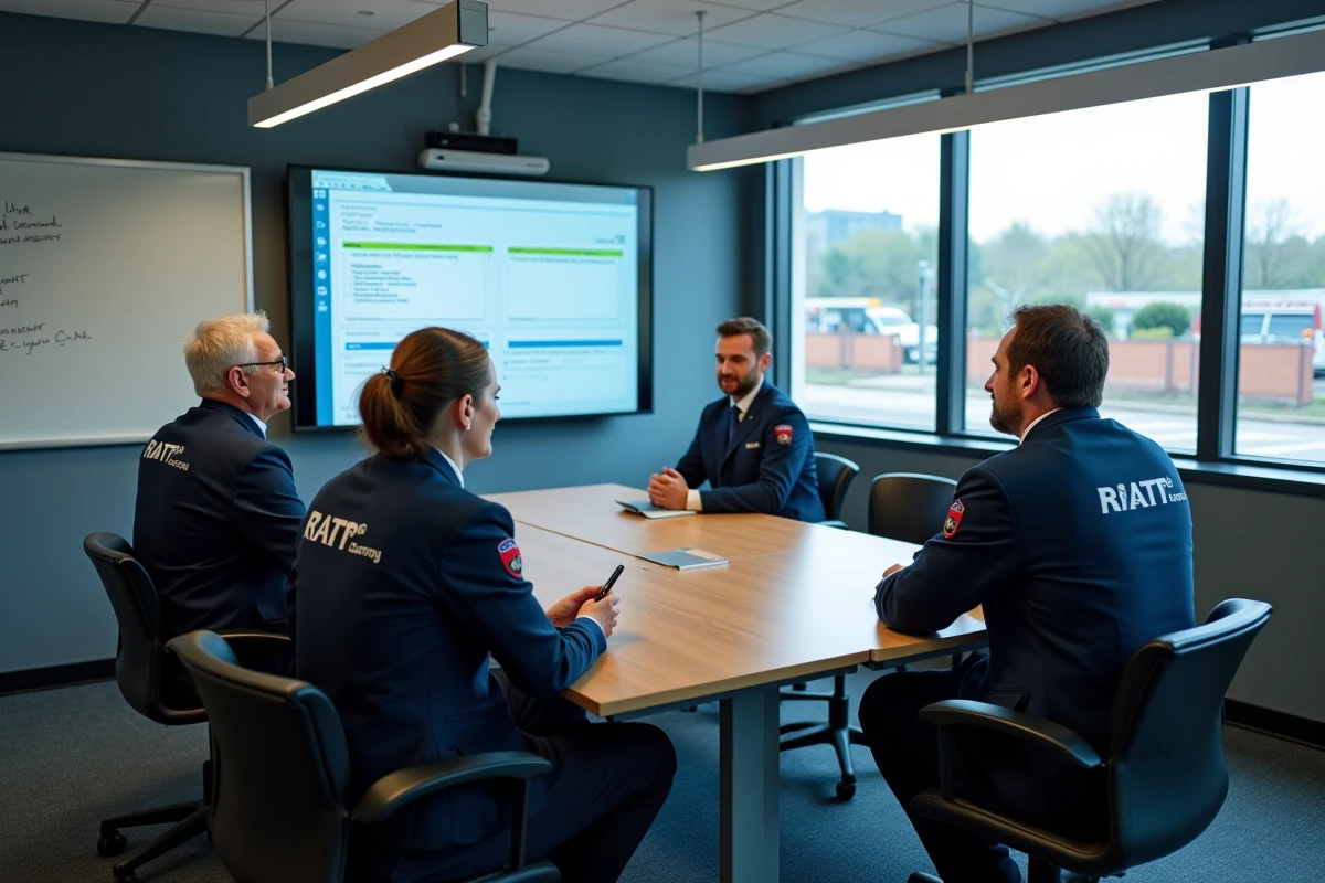 Groupe d'employés RATP en formation sur l'outil numérique Urbanweb dans une salle de réunion d'un dépôt