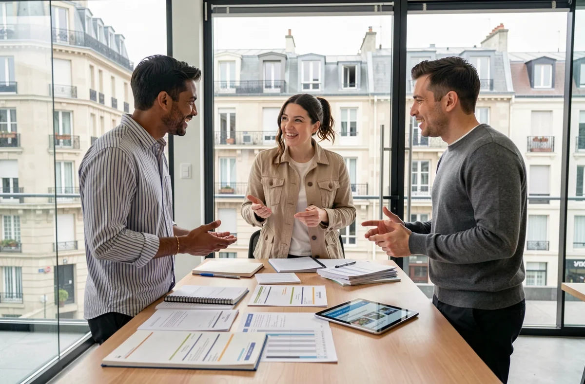 Groupe d'entrepreneurs discutant des prochaines dates d'inscription gratuites à l'événement LesEntreprisesFrenchy autour d'une table de réunion