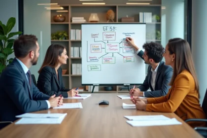 Groupe de professionnels autour d'une réunion avec tableau blanc