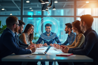 Groupe divers en bureau avec interface holographique