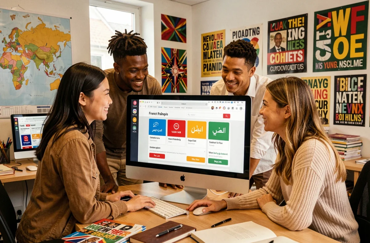 Équipe multiculturelle de l'agence Hoi Anh travaillant sur un site web interculturel multilingue affichant des interfaces en plusieurs langues