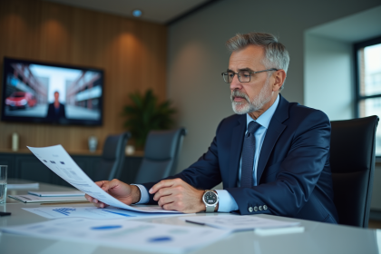 Homme d'affaires en costume analysant des graphiques publicitaires