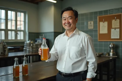 Homme asiatique tenant une bouteille de boisson dorée dans une usine